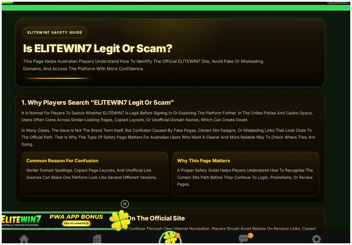 EliteWin7 safety guide page, "Is ELITEWIN7 Legit Or Scam?" header with trust-building sections, 15.10.2026